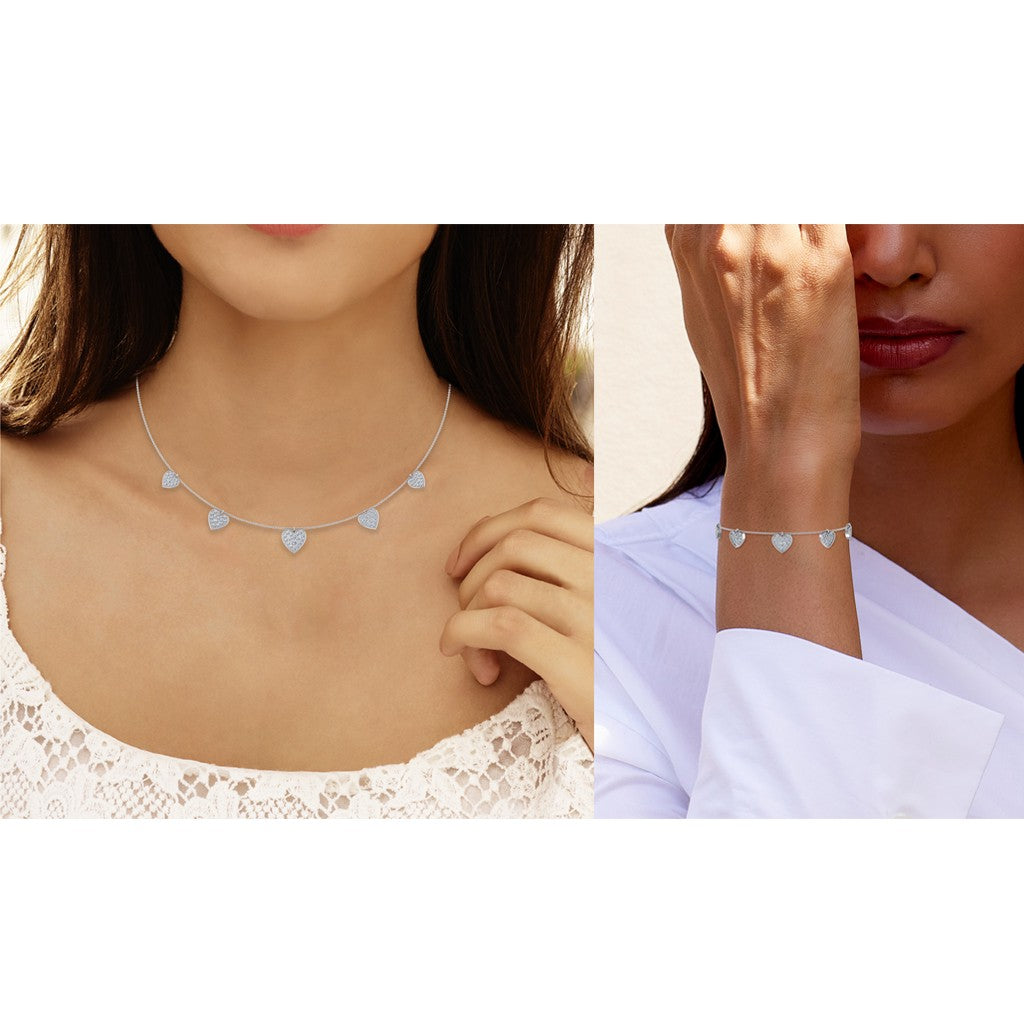 14K White Gold Heart Necklace Bracelet Set 1-3/4 Ctw