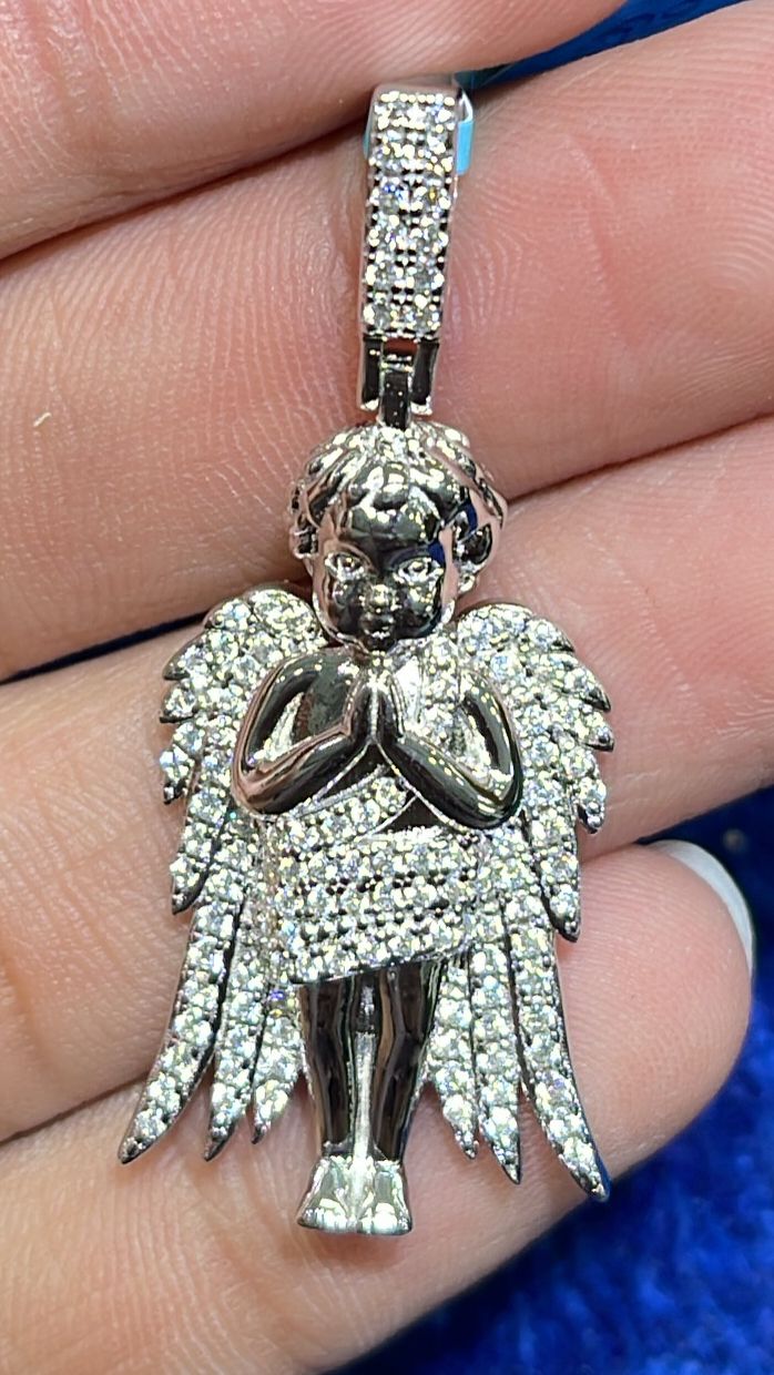 Sterling Silver Moissanite Angel Pendant 7/8 Ctw