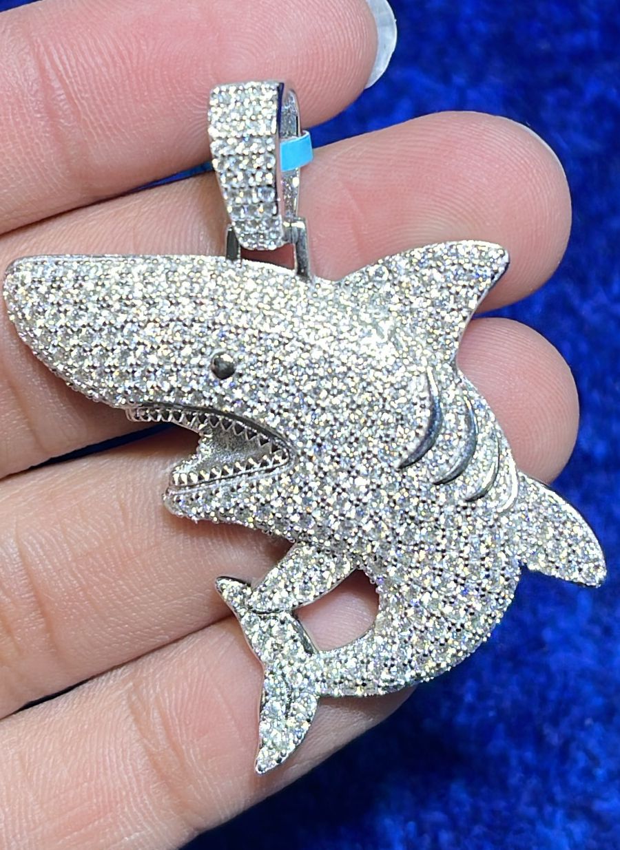 Sterling Silver Moissanite Shark Fish Animal Pendant 3-7/8 Ctw