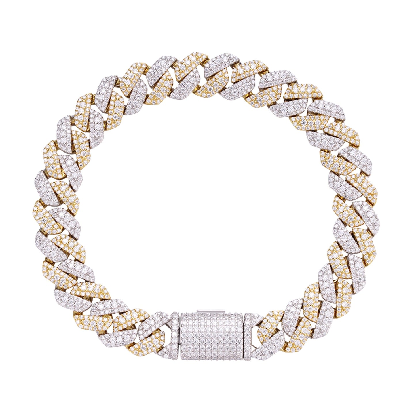 Sterling Silver Round Big Stone in Center Surrounded with Small Stones 10mm Moissanite Cuban Chain 8 Inch Bracelet 6-7/8 Ctw