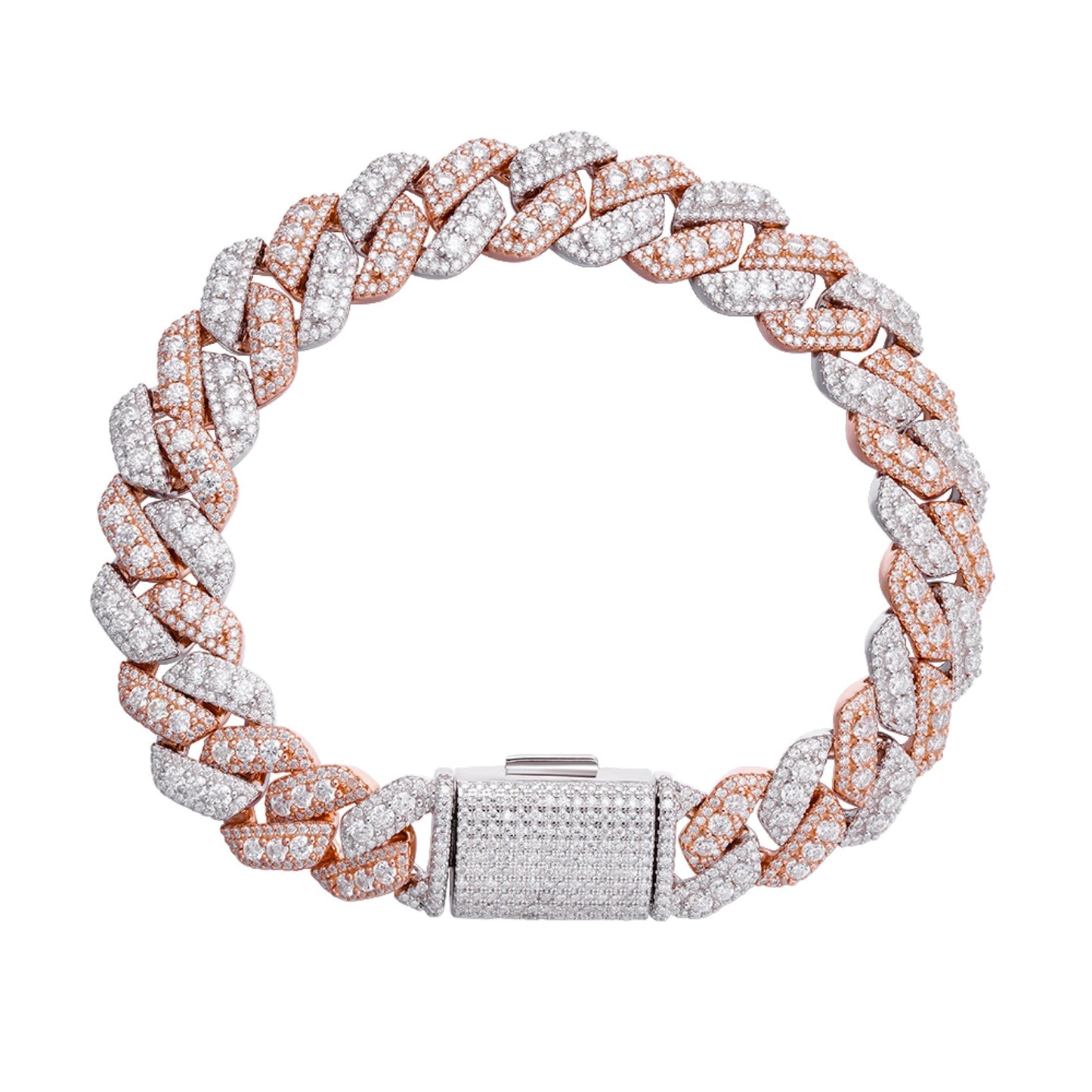 Sterling Silver Round Big Stone in Center Surrounded with Small Stones 12mm Moissanite Cuban Chain 8Inch Bracelet 10-7/8 Ctw