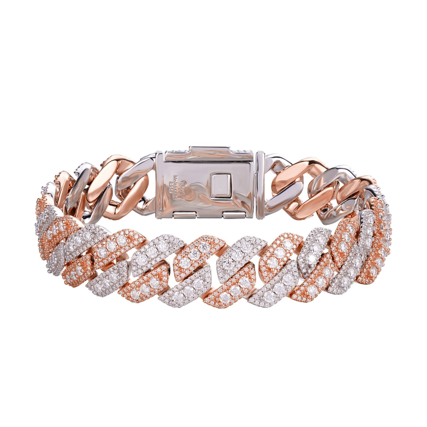 Sterling Silver Round Big Stone in Center Surrounded with Small Stones 14mm Moissanite Cuban Chain 8Inch Bracelet 12-3/4 Ctw