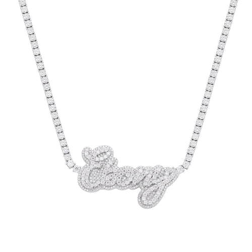 Sterling Silver Round Moissanite Ebony Word Designer 18 Inch Necklace 16-1/8 Ctw