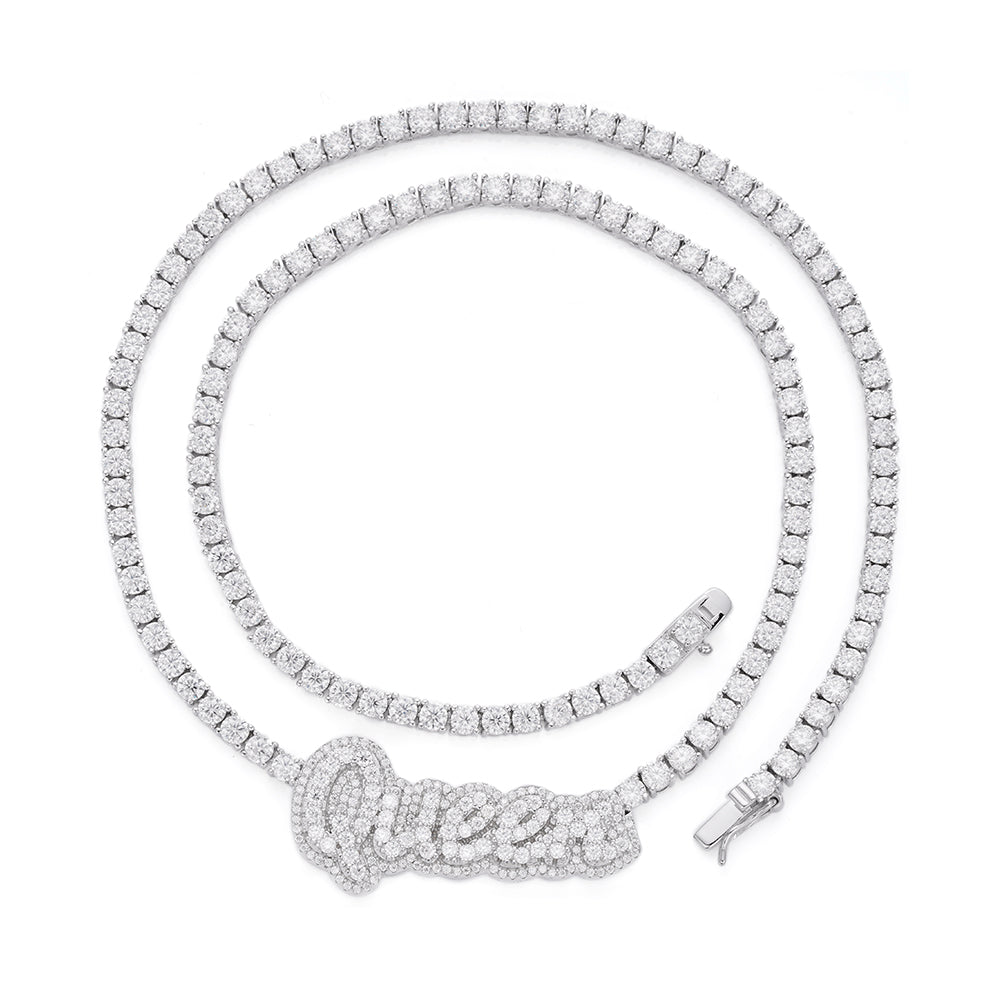 Sterling Silver Round Moissanite Queen Word Designer 18 Inch Necklace 15-5/8 Ctw