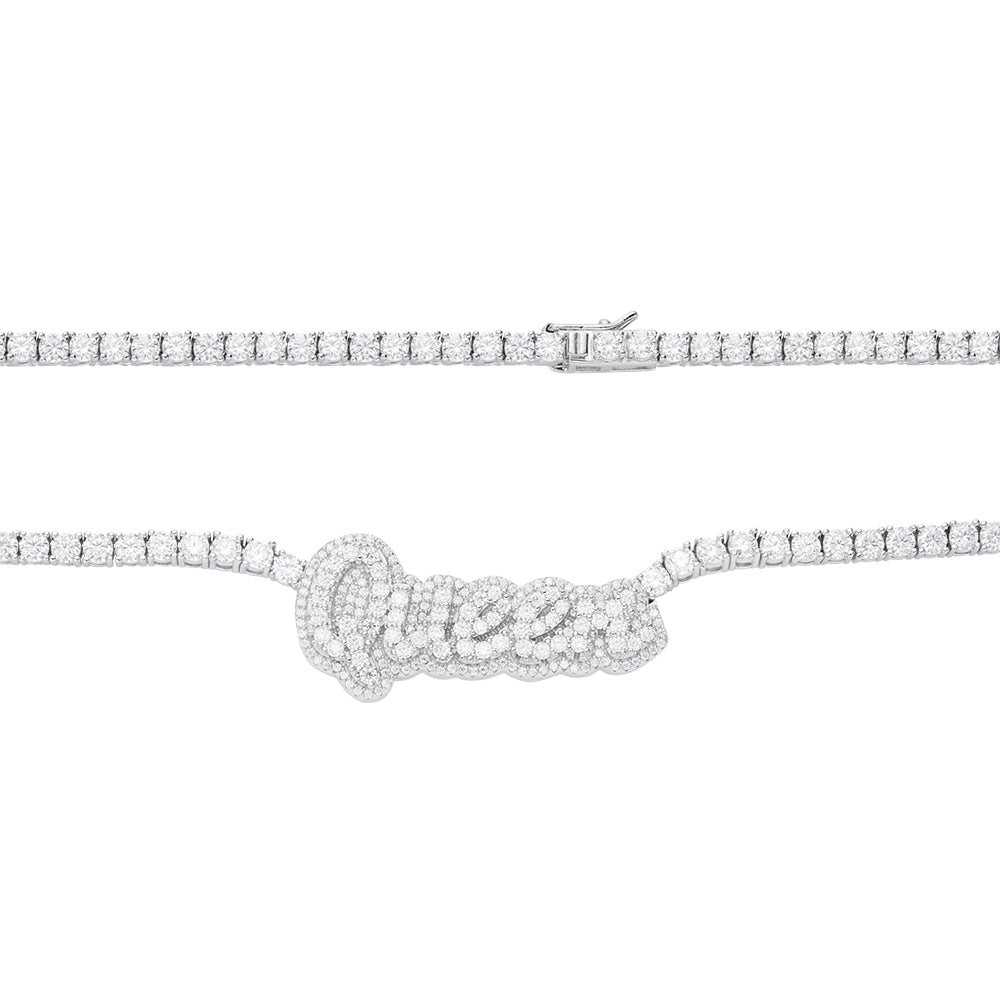 Sterling Silver Round Moissanite Queen Word Designer 18 Inch Necklace 15-5/8 Ctw