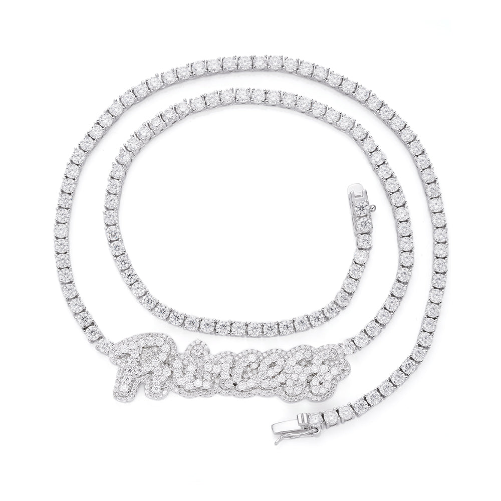 Sterling Silver Round Moissanite Princess Word Designer 18 Inch Necklace 15-3/4 Ctw