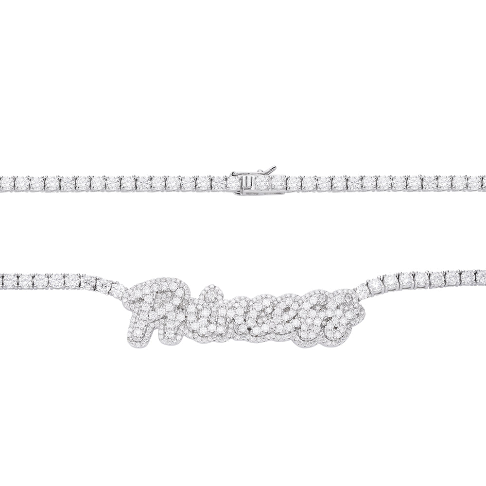 Sterling Silver Round Moissanite Princess Word Designer 18 Inch Necklace 15-3/4 Ctw