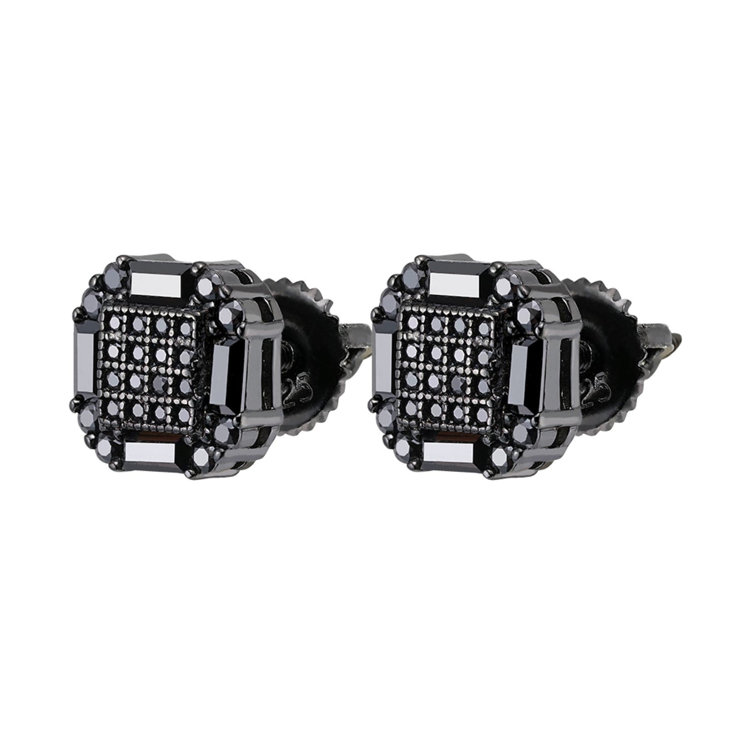 Sterling Silver Round Baguette Black Moissanite Square Shape Stud Earrings 7/8 Ctw