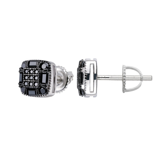 Sterling Silver Round Baguette Black Moissanite Square Shape Stud Earrings 3/4 Ctw