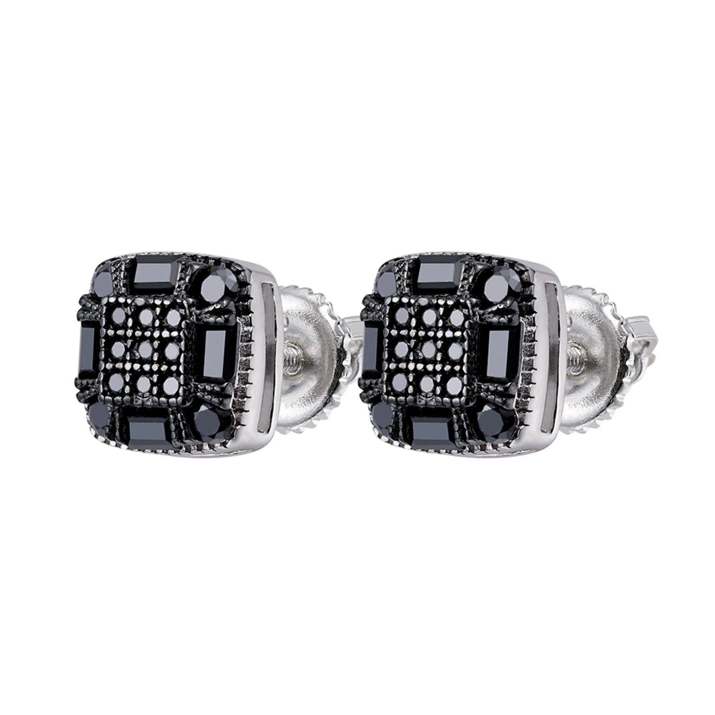 Sterling Silver Round Baguette Black Moissanite Square Shape Stud Earrings 3/4 Ctw