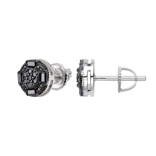 Sterling Silver Round Baguette Black Moissanite Stud Earrings 5/8 Ctw