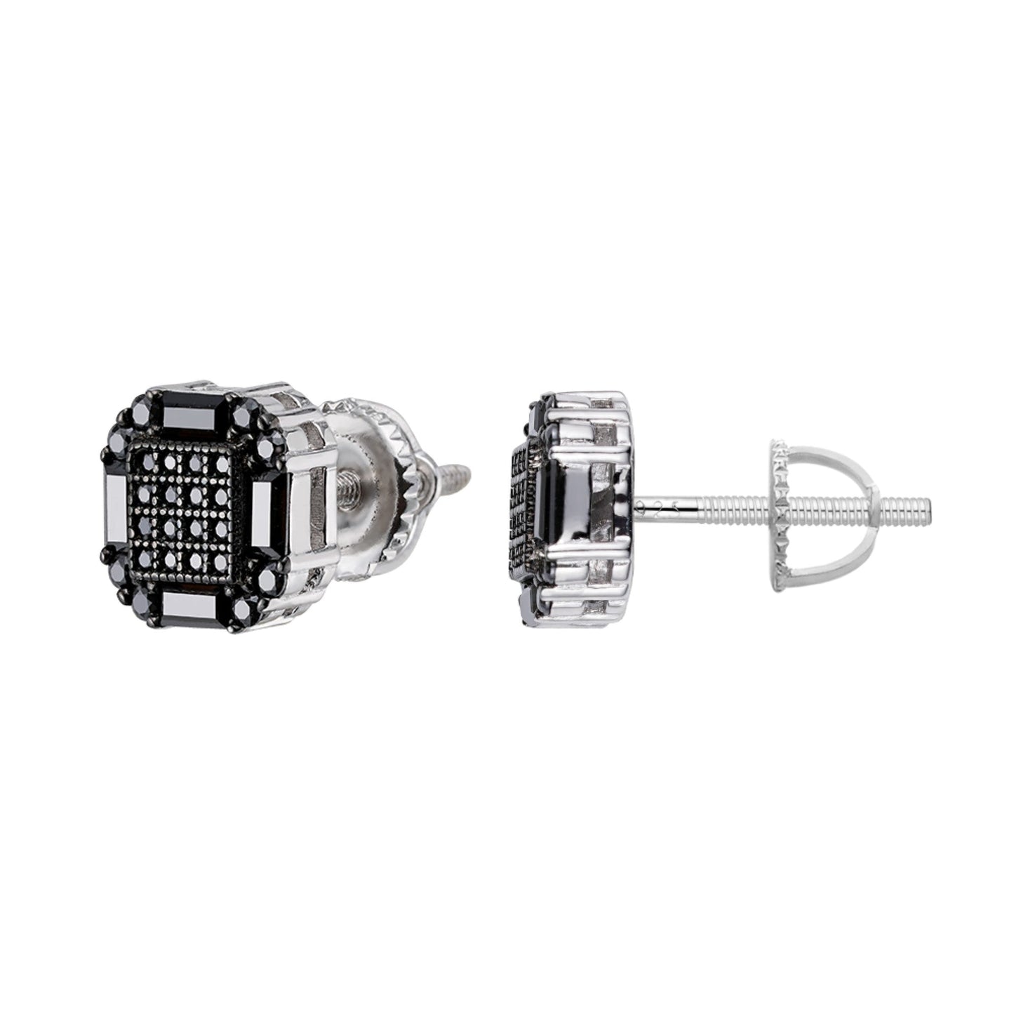 Sterling Silver Round Baguette Black Moissanite Square Shape Stud Earrings 7/8 Ctw