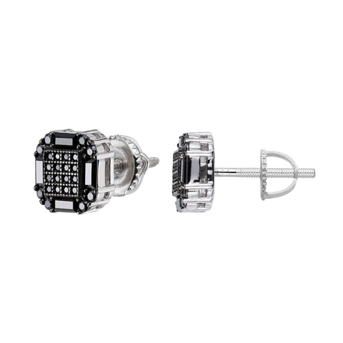 Sterling Silver Round Baguette Black Moissanite Square Shape Stud Earrings 7/8 Ctw