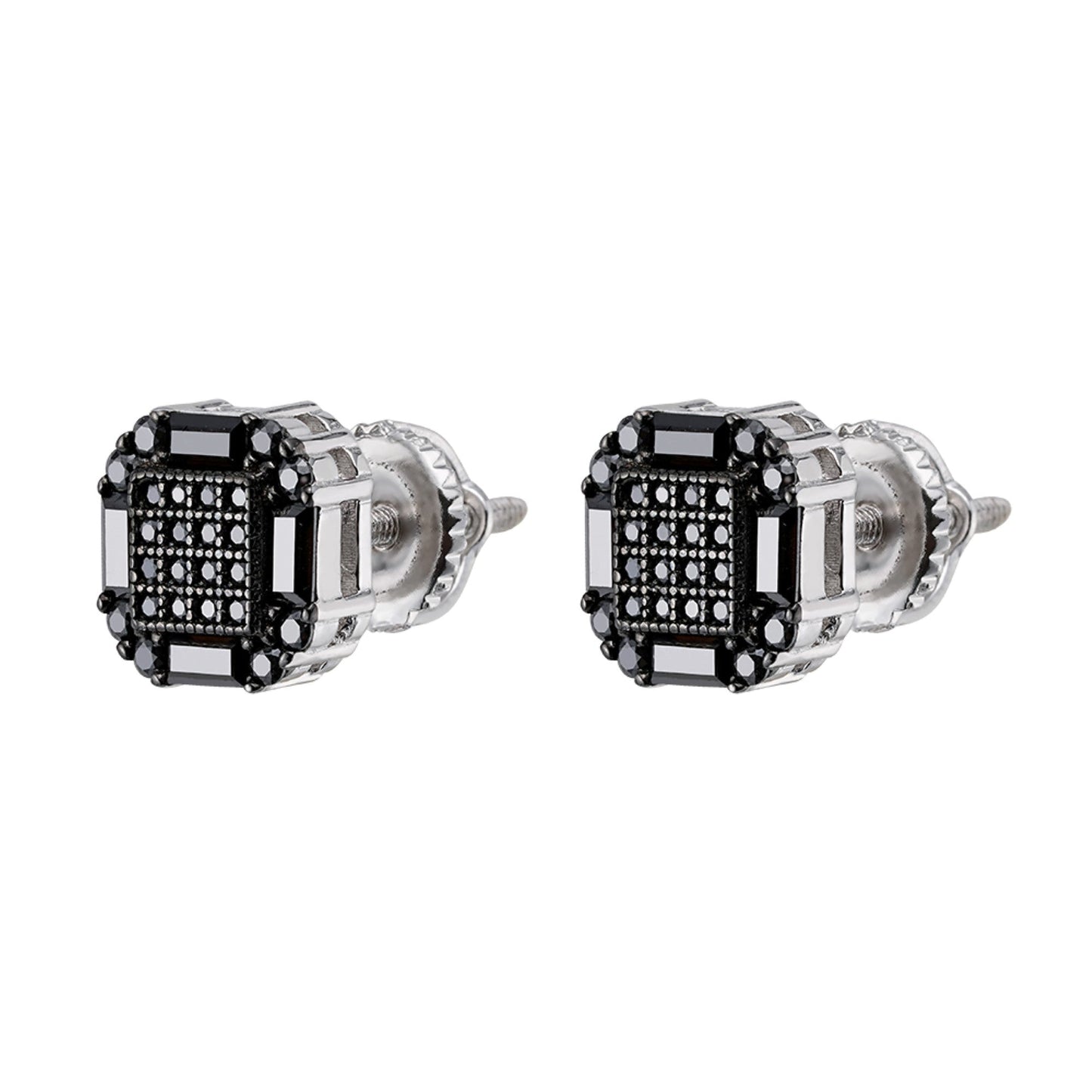 Sterling Silver Round Baguette Black Moissanite Square Shape Stud Earrings 7/8 Ctw