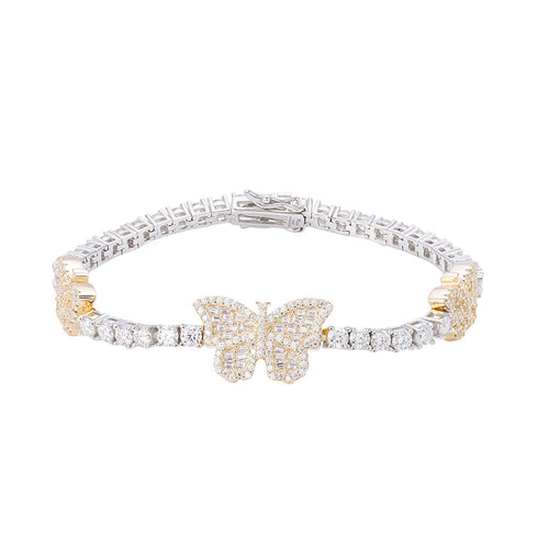 Sterling Silver Round Baguette 3mm Tennis Moissanite Butterfly Designer 7Inch Bracelet 6 Ctw