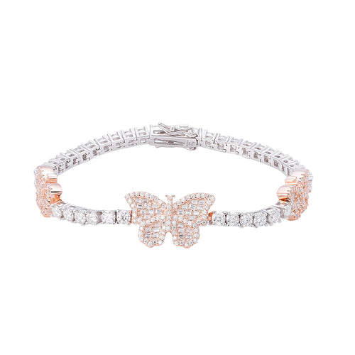 Sterling Silver Round Baguette 3mm Tennis Moissanite Butterfly Designer 7Inch Bracelet 6 Ctw