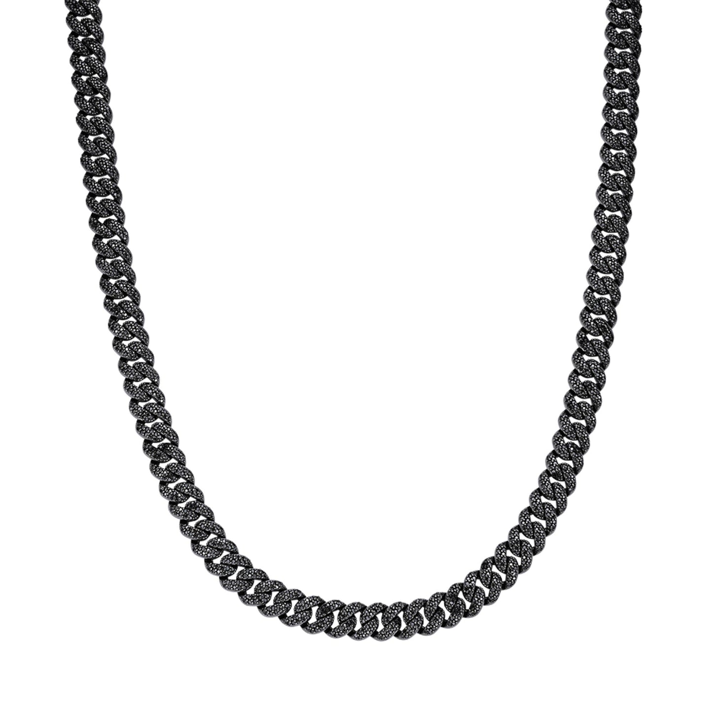 Sterling Silver 10mm Round Black Moissanite Miami Cuban Chain 22 Inch Men Necklace 13-5/8 Ctw