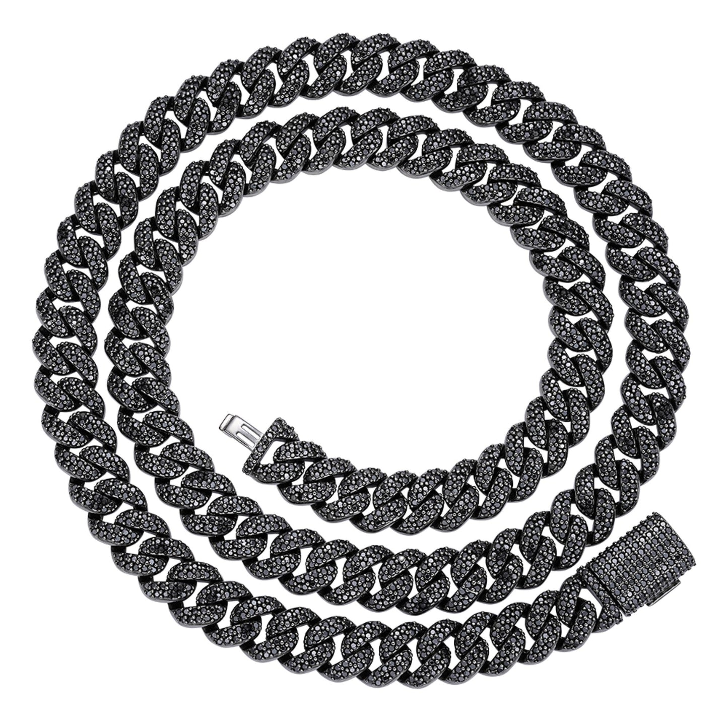 Sterling Silver 10mm Round Black Moissanite Miami Cuban Chain 22 Inch Men Necklace 13-5/8 Ctw