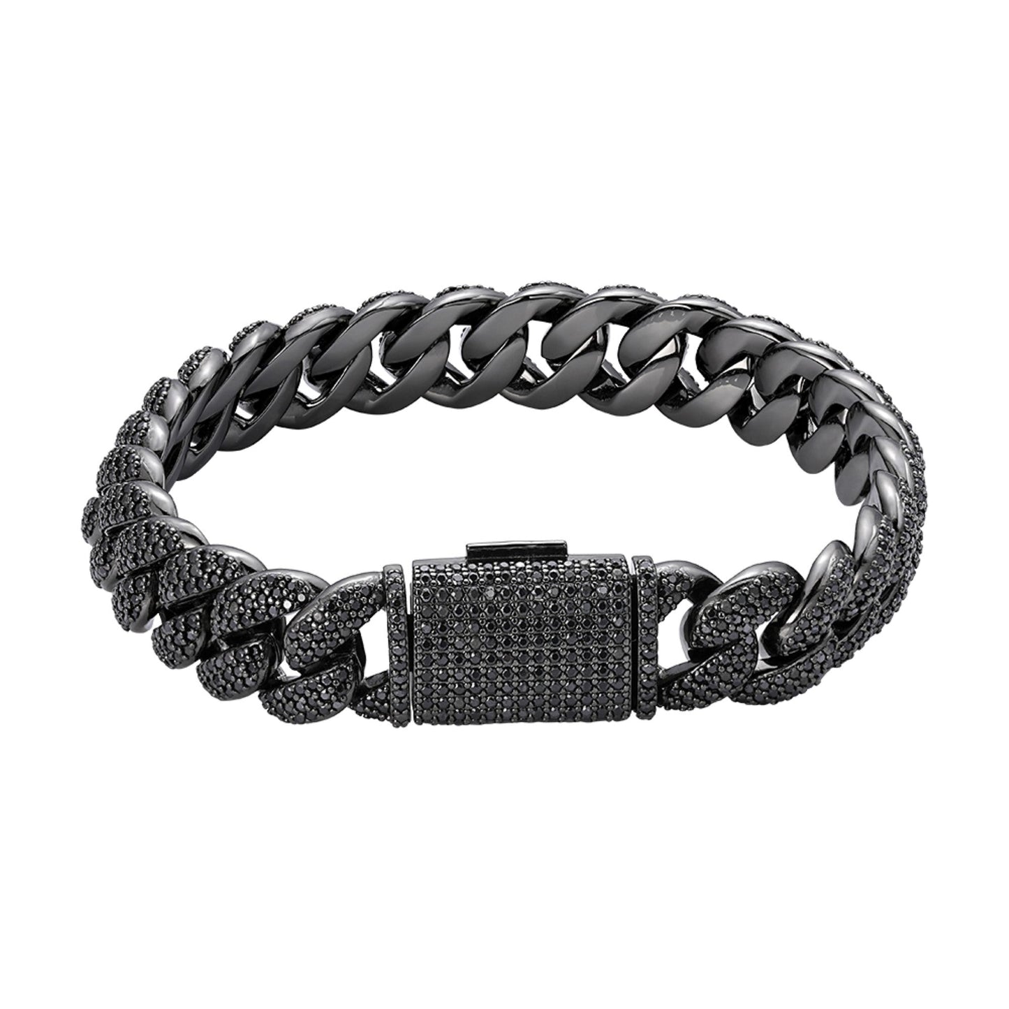 Sterling Silver 12mm Round Black Moissanite Miami Cuban 8 Inch Men Bracelet 7-3/4 Ctw