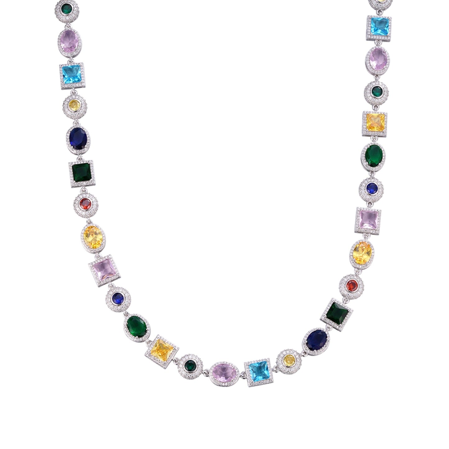 Sterling Silver Moissanite Round with Color Stone Designer 22 Inch Necklace 13-1/3 Ctw
