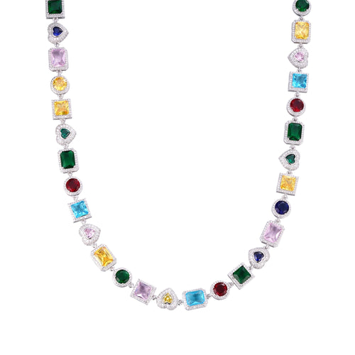 Sterling Silver Round Moissanite Heart with Color Stone Designer 22 Inch Necklace 10-7/8 Ctw