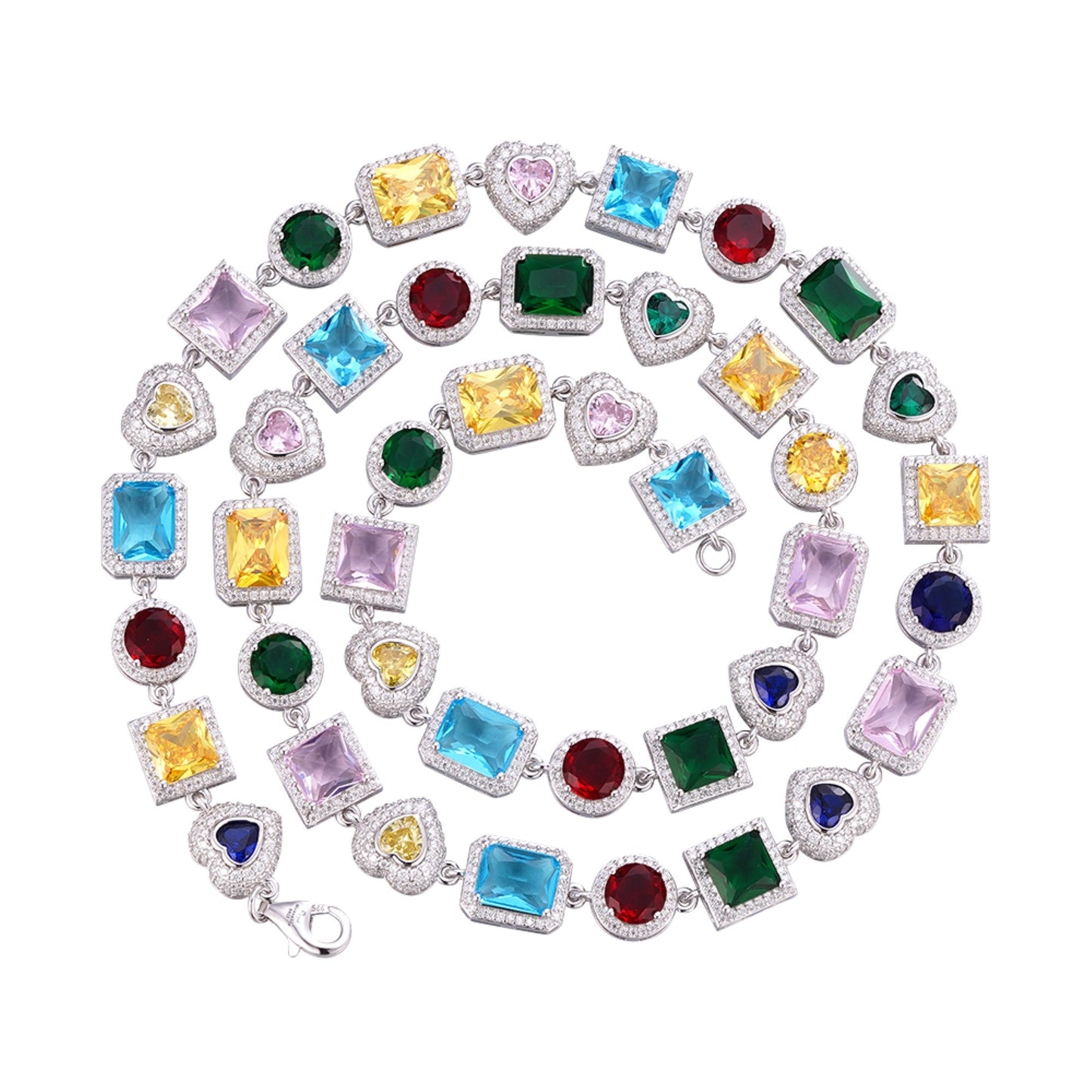 Sterling Silver Round Moissanite Heart with Color Stone Designer 22 Inch Necklace 10-7/8 Ctw