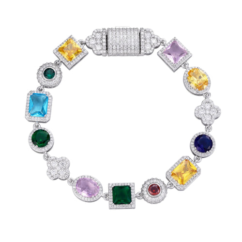 Sterling Silver Round Moissanite 4 Stone Flower with Color Stone Designer 8 Inch Bracelet 4-7/8 Ctw