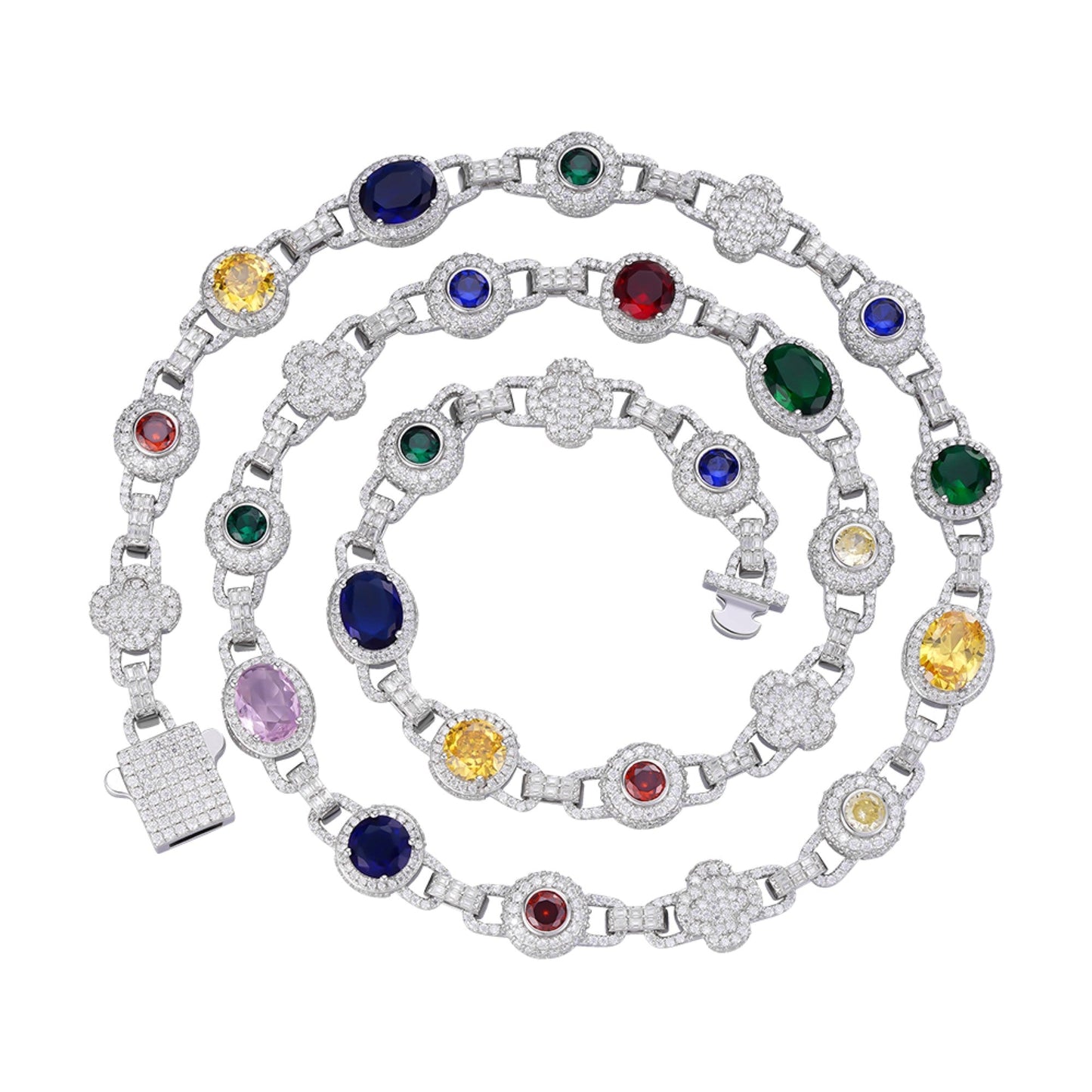 Sterling Silver Round Moissanite with Color Stone Designer 22 Inch Necklace 17-5/8 Ctw