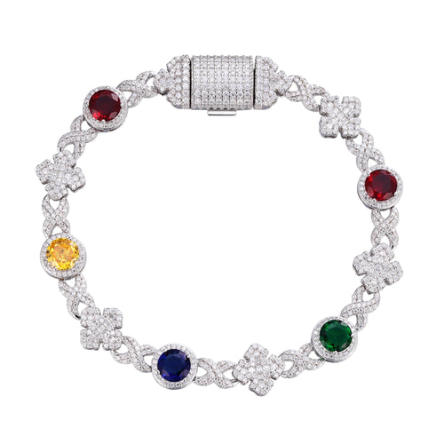 Sterling Silver Round Moissanite Cross Infinity with Color Stone Designer 8 Inch Bracelet 5 Ctw