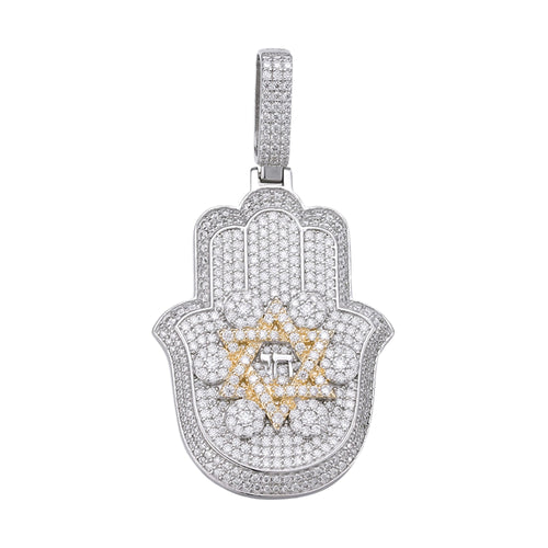 Sterling Silver Round Moissanite Hamza Hand Religious Pendant 3-5/8 Ctw