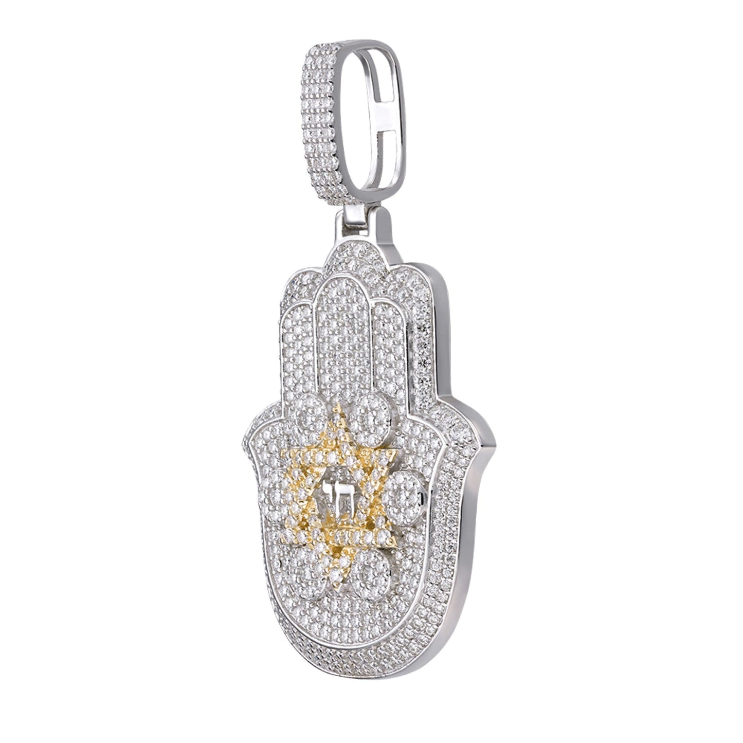 Sterling Silver Round Moissanite Hamza Hand Religious Pendant 3-5/8 Ctw