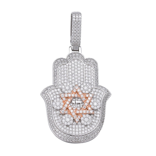 Sterling Silver Round Moissanite Hamza Hand Religious Pendant 3-5/8 Ctw