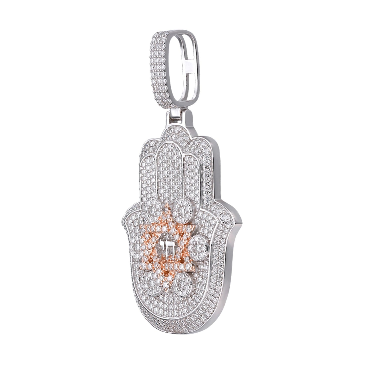 Sterling Silver Round Moissanite Hamza Hand Religious Pendant 3-5/8 Ctw