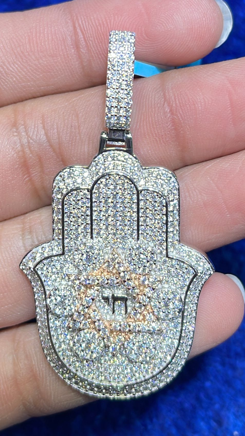 Sterling Silver Round Moissanite Hamza Hand Religious Pendant 3-5/8 Ctw