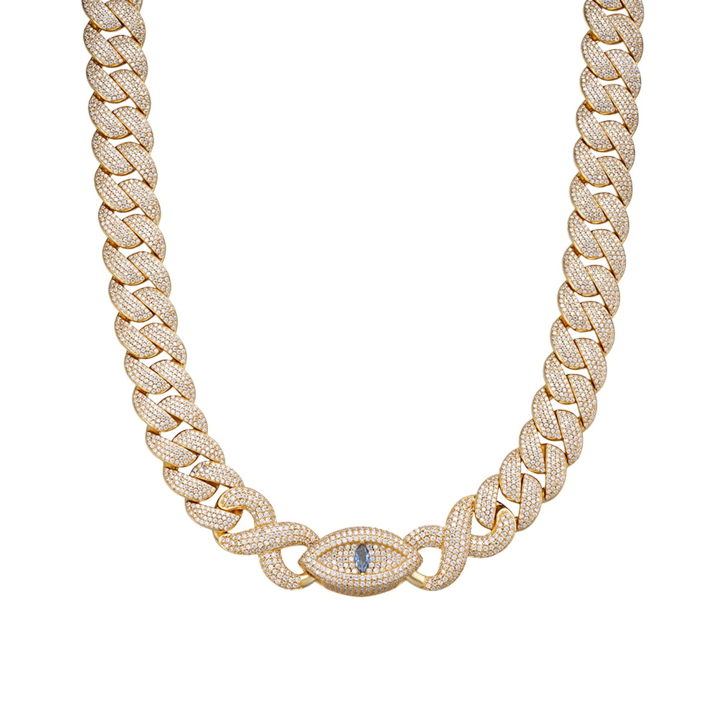 Sterling Silver Round Moissanite 15mm Inifinity Cuban With Evil Eye Designer 22 Inch Men Necklace 27-1/8 Ctw