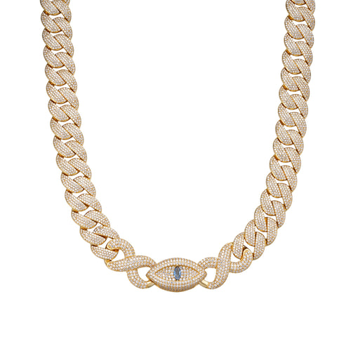 Sterling Silver Round Moissanite 15mm Inifinity Cuban With Evil Eye Designer 22 Inch Men Necklace 27-1/8 Ctw