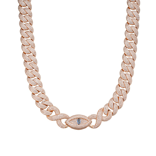 Sterling Silver Round Moissanite 15mm Inifinity Cuban With Evil Eye Designer 22 Inch Men Necklace 27-1/8 Ctw