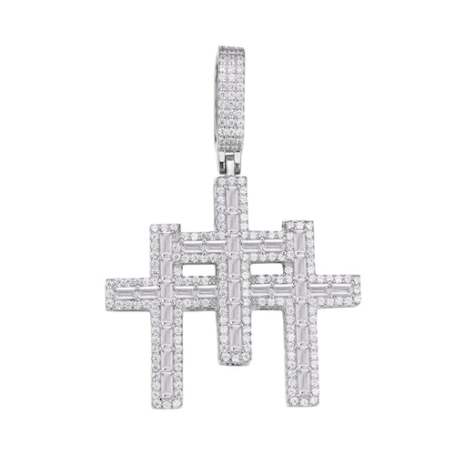 Sterling Silver 30mm Round Baguette Moissanite 3 Cross Religious Pendant 3-3/8 Ctw