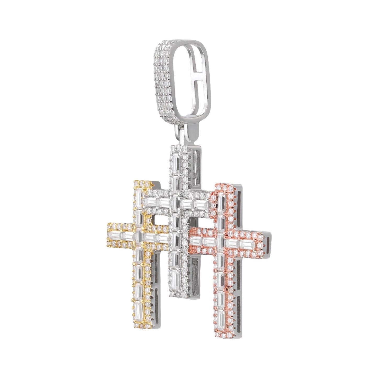 Sterling Silver 30mm Round Baguette Moissanite 3 Cross Religious Pendant 3-3/8 Ctw