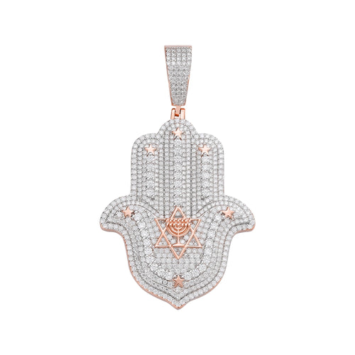Sterling Silver Round Moissanite Hamza Hand Religious Pendant 4-5/8 Ctw