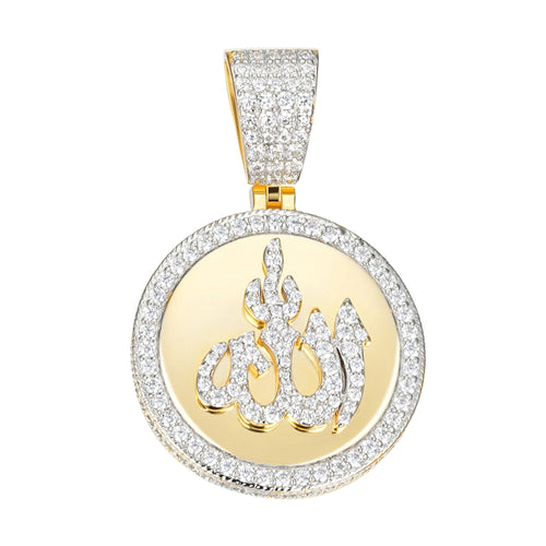 Sterling Silver 35mm Round Moissanite Muslim God Allah Religious Pendant 4-5/8 Ctw