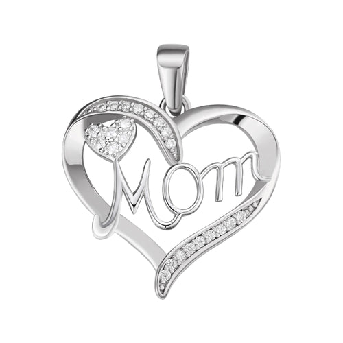 Sterling Silver Round Moissanite MOM Heart Designer Pendant 1/8 Ctw