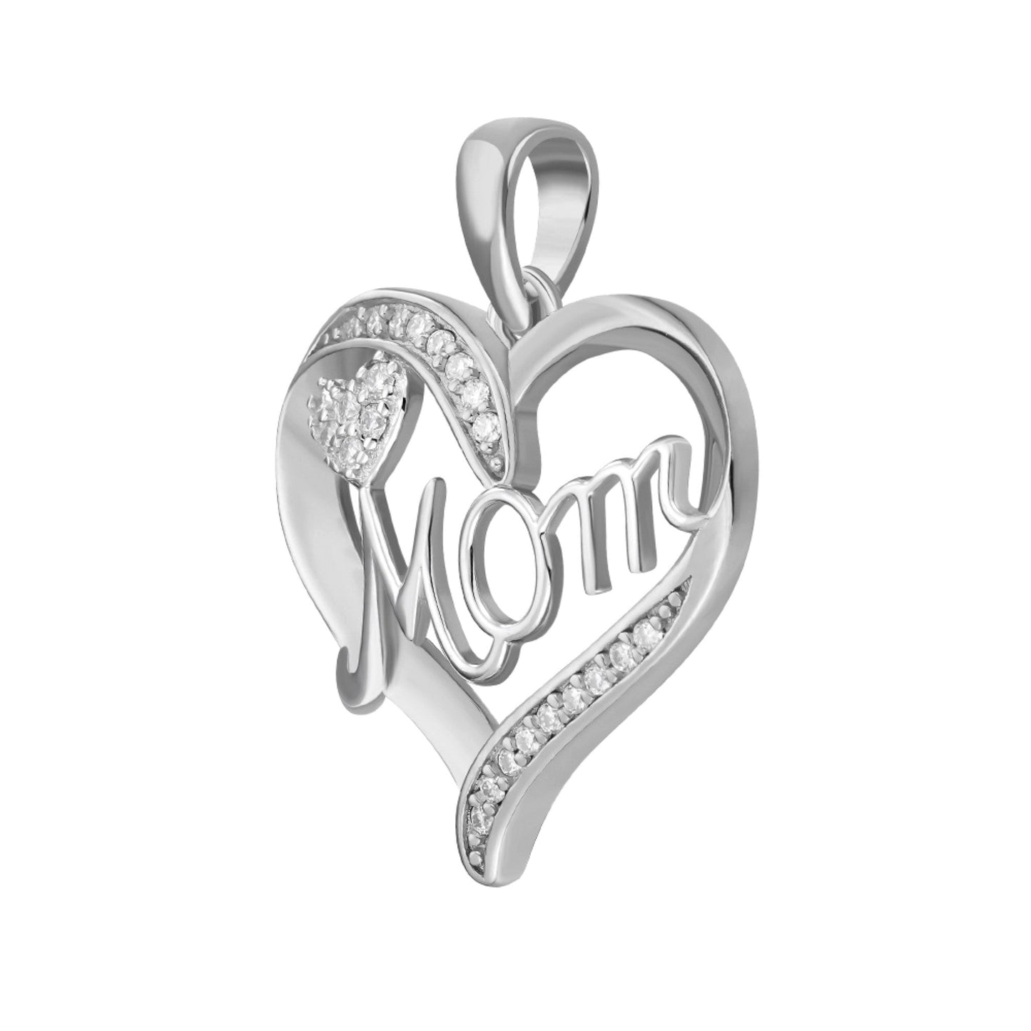 Sterling Silver Round Moissanite MOM Heart Designer Pendant 1/8 Ctw