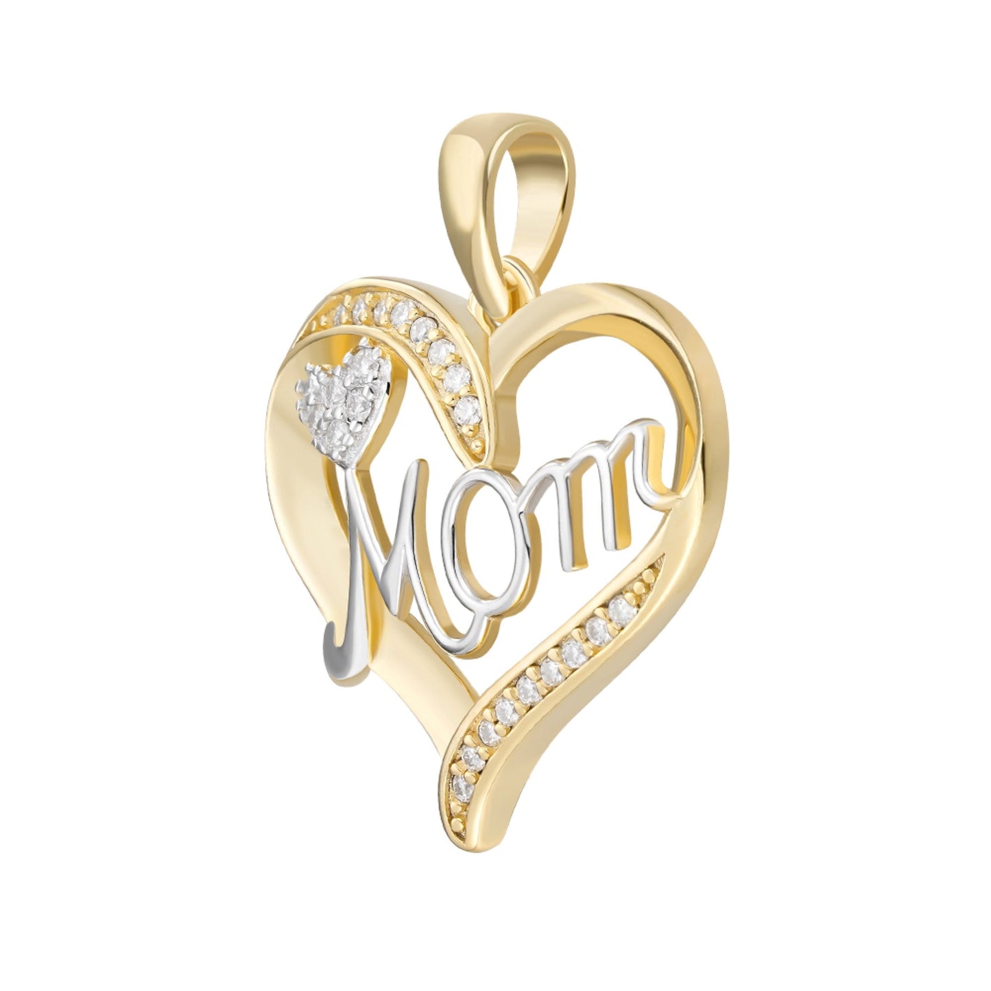 Sterling Silver Round Moissanite MOM Heart Designer Pendant 1/8 Ctw