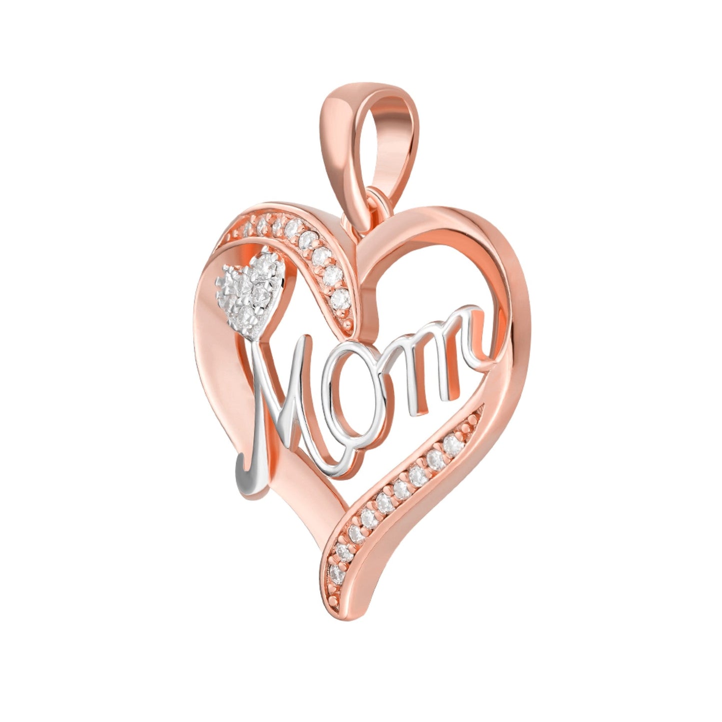 Sterling Silver Round Moissanite MOM Heart Designer Pendant 1/8 Ctw