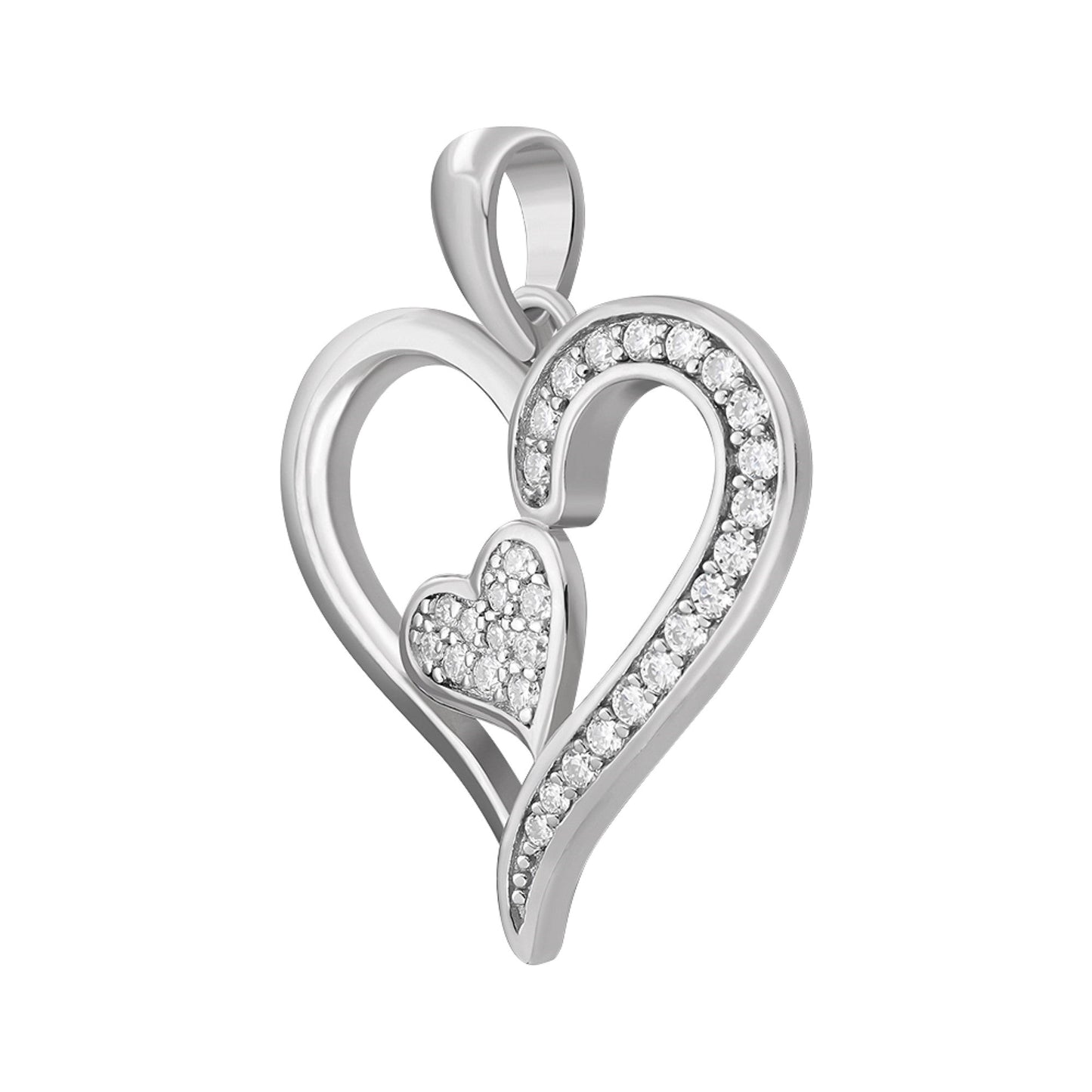 Sterling Silver Round Moissanite Double Heart Designer Pendant 1/4 Ctw