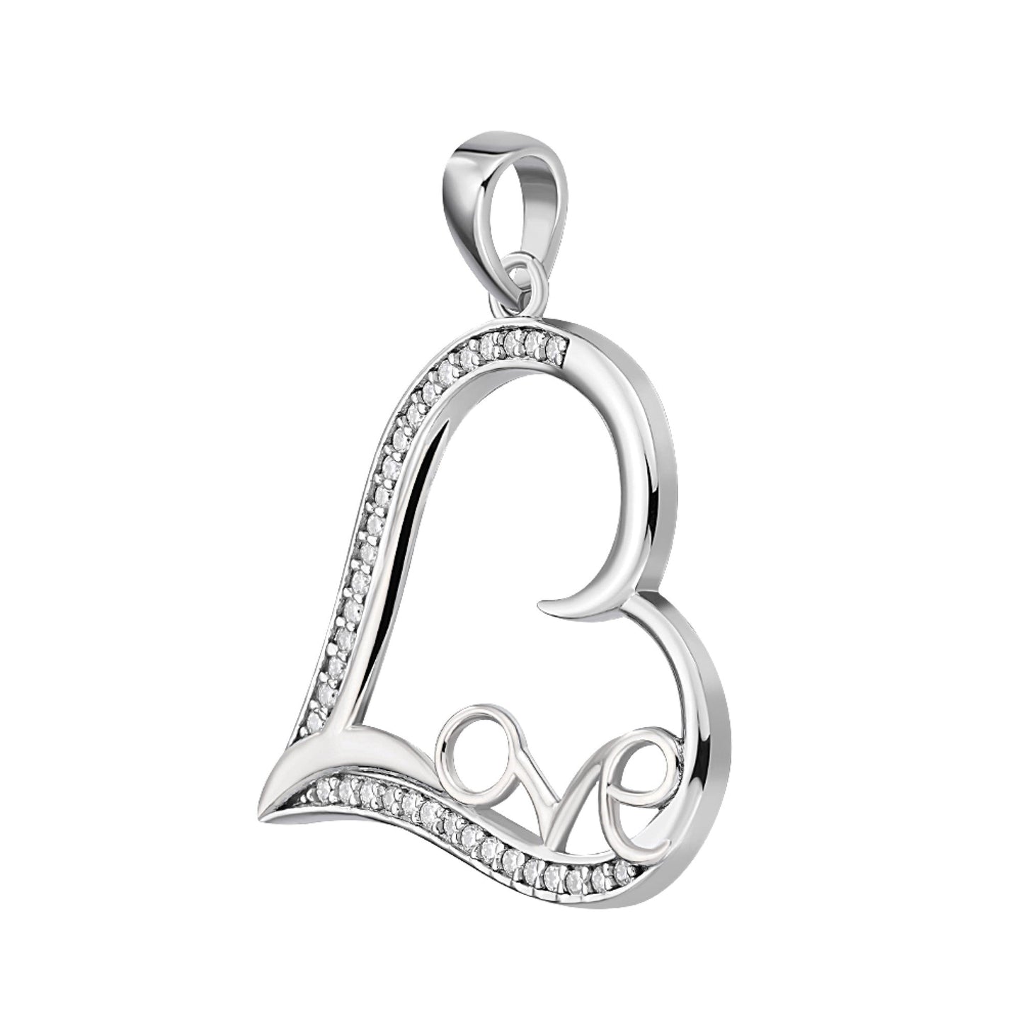 Sterling Silver Round Moissanite Heart With Love Word Designer Pendant 1/5 Ctw
