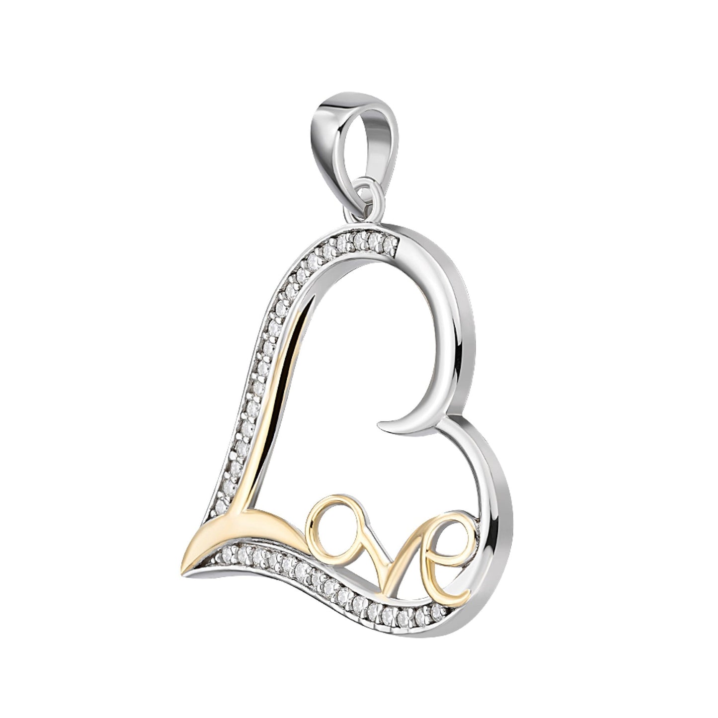 Sterling Silver Round Moissanite Heart With Love Word Designer Pendant 1/5 Ctw