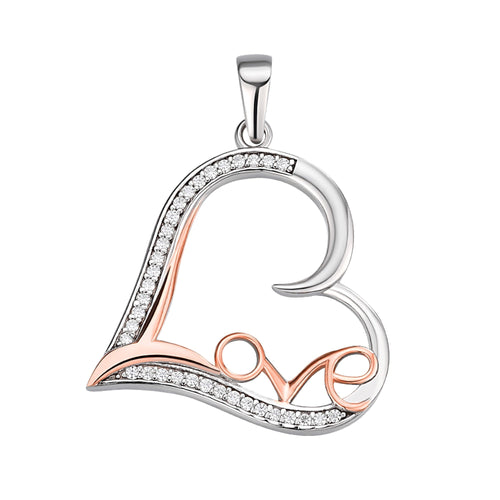 Sterling Silver Round Moissanite Heart With Love Word Designer Pendant 1/5 Ctw