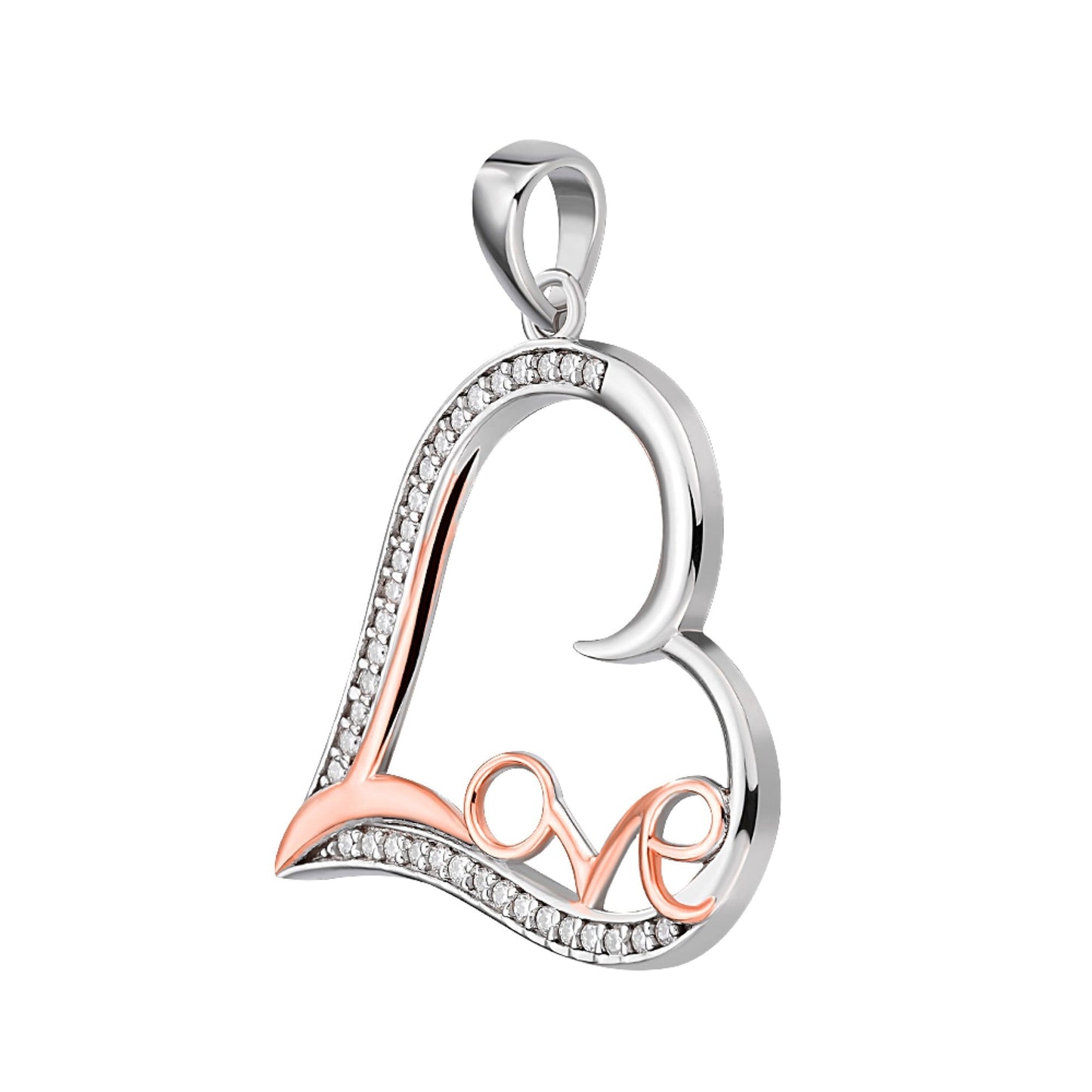 Sterling Silver Round Moissanite Heart With Love Word Designer Pendant 1/5 Ctw